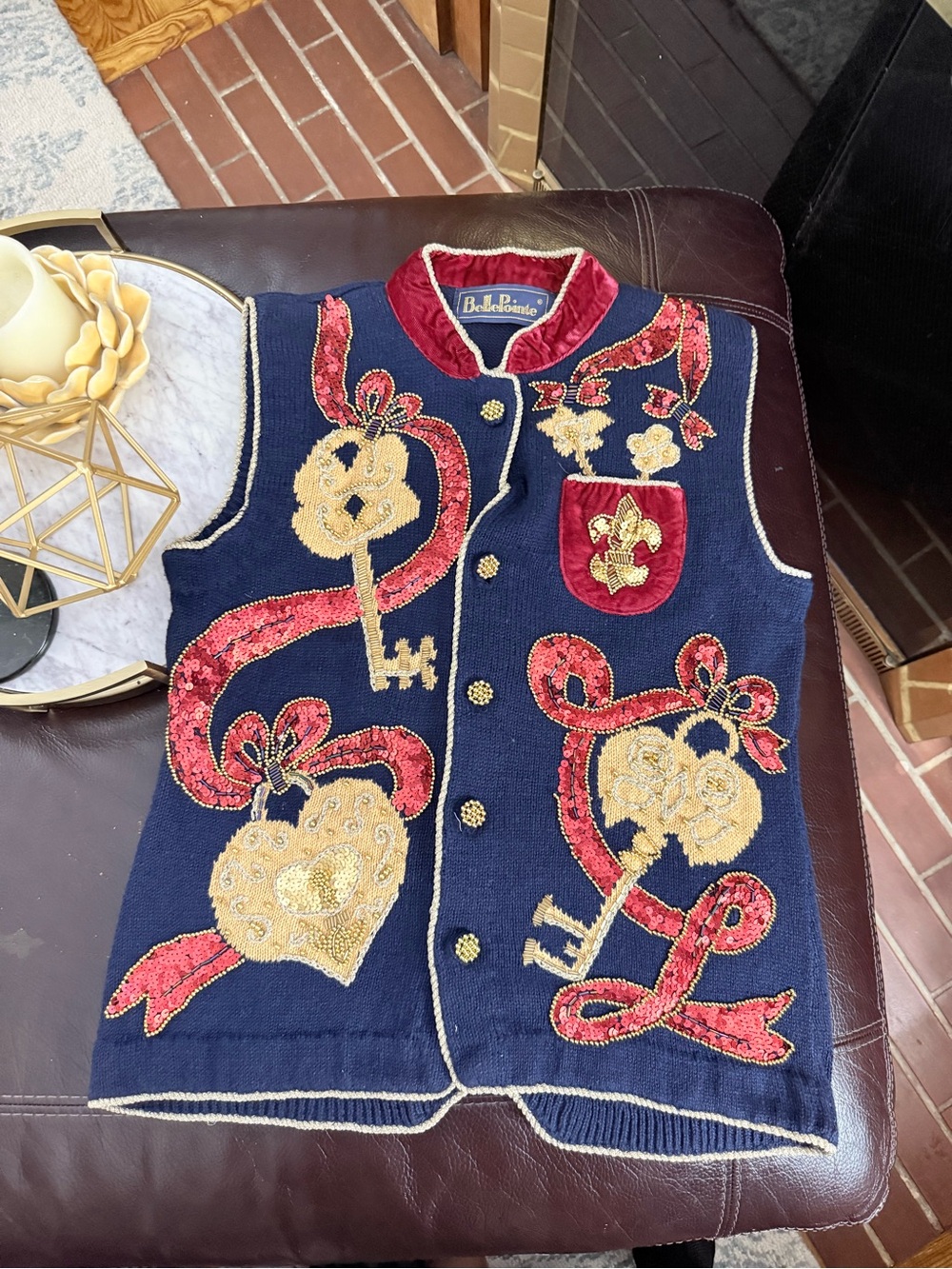 Vintage Belle Pointe Navy Embroidered Key & Heart Vest